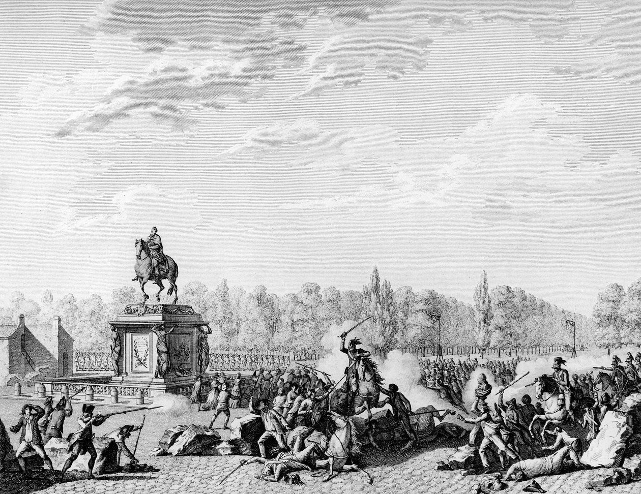Francouzská revoluce: Místo Ludvíka XV., draci Karla Evžena de Lorraine, princ z Lambescu (1754-1825) naložili 12. července 1789 průvod nesoucí busty Jacquese Neckera (1732-1804) a vévody z Orleansu. Rytina Berthaut po Prioru. Paříž, od Jean Louis II (after) Prieur