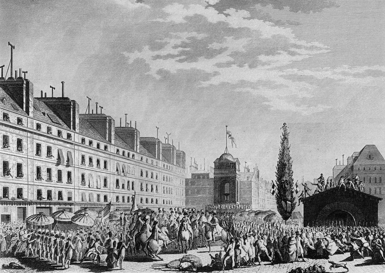 Francouzská revoluce: Vyhlášení ústavy (Konstituční monarchie: Oddělení moci a instituce konstituční monarchie) Place du Marche des Innocents v Paříži 14. září od Jean Louis II (after) Prieur
