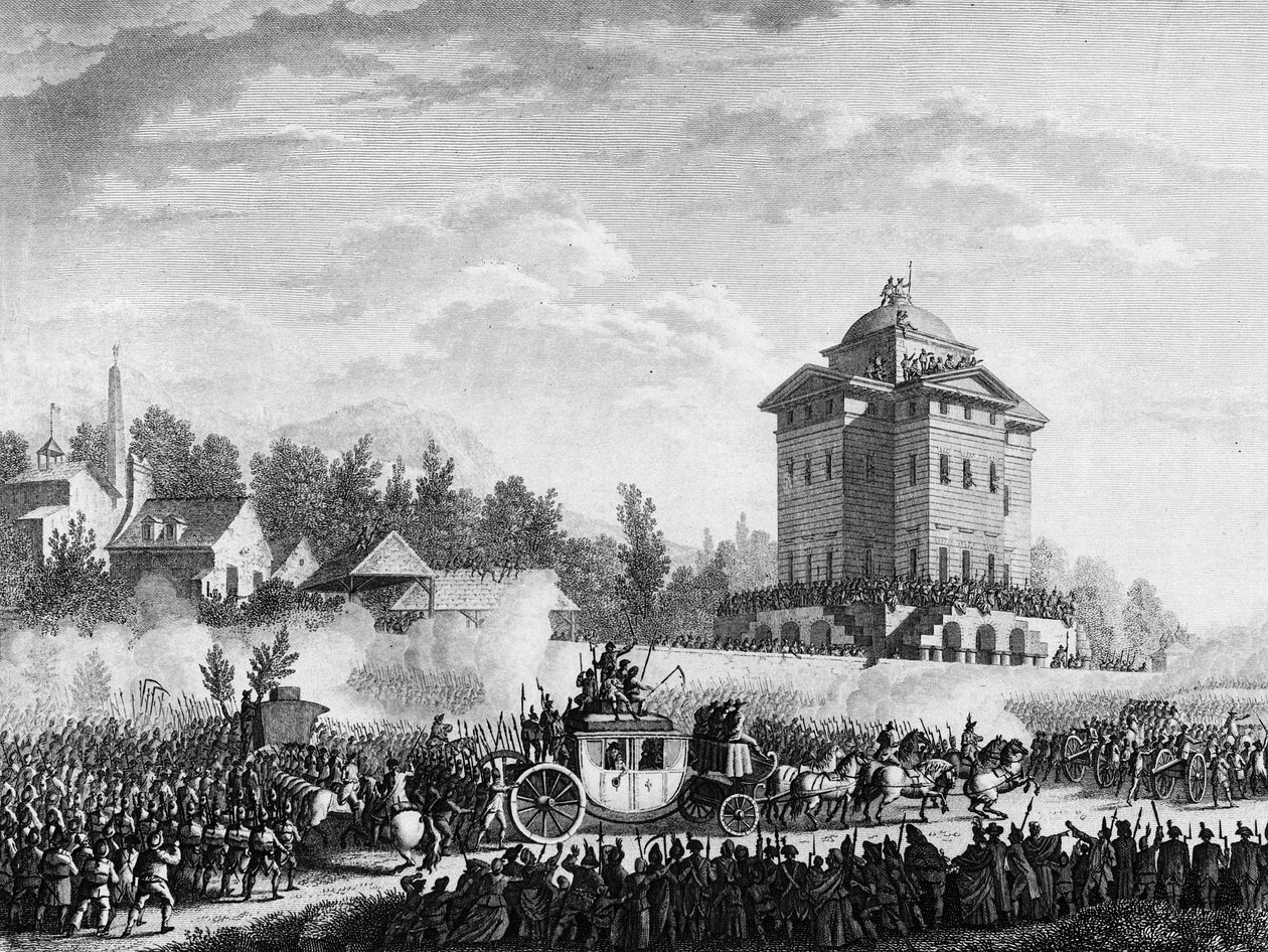 Francouzská revoluce: Návrat královské rodiny po zatčení ve Varennes 20. a 21. června 1791: Král Ludvík XVI. a Marie Antoinetta byli 25. června 1791 vráceni do Paříže. Rytina podle kresby převorem. Paříž, Knihovna Historického ústavu od Jean Louis II (after) Prieur