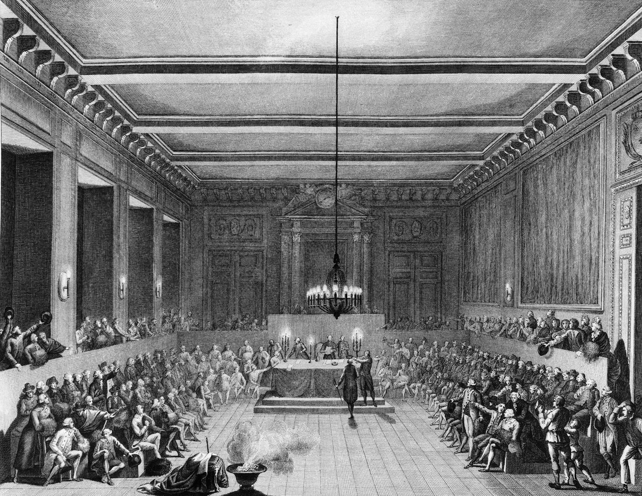 Francouzská revoluce: Pařížská komuna decertovala anglického občana Christophera Johna Williamse Neshama (1771-1853) dne 15. ledna 1790. Rytina Berthaut d