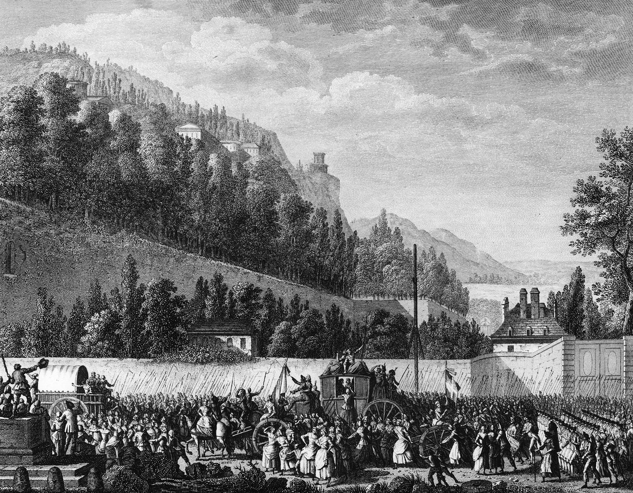 Francouzská revoluce: Dámy z Halle jdou 5. října do Versailles pro krále od Jean Louis II (after) Prieur