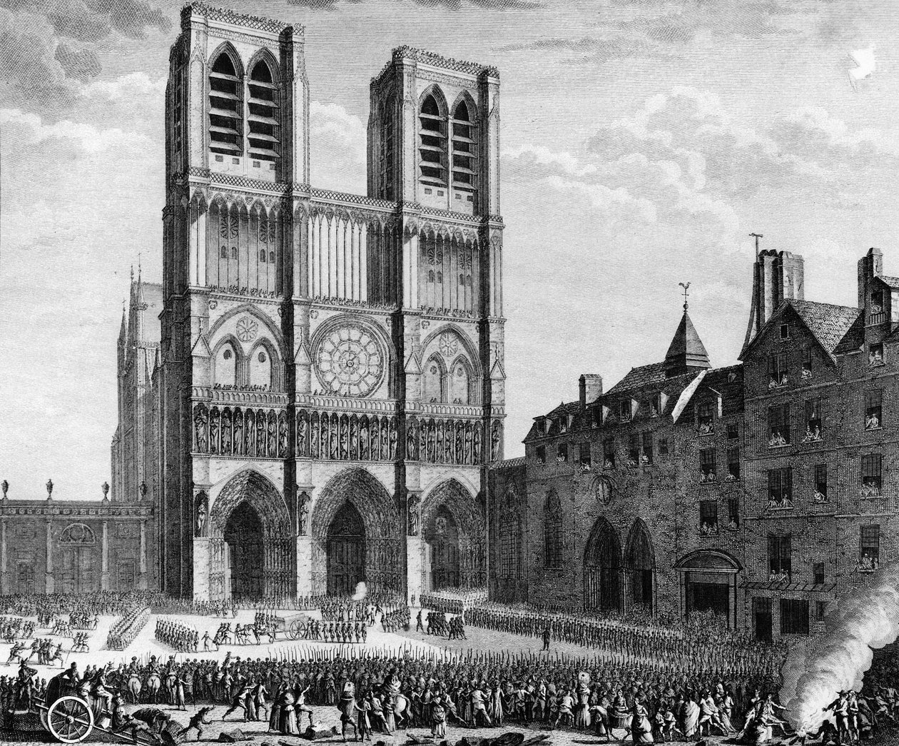 Francouzská revoluce: Thomas de Mahy, markýz de Favras (1744-1790) napravující nápravu před Notre Dame de Paris na ostrově la cite 19. února od Jean Louis II (after) Prieur