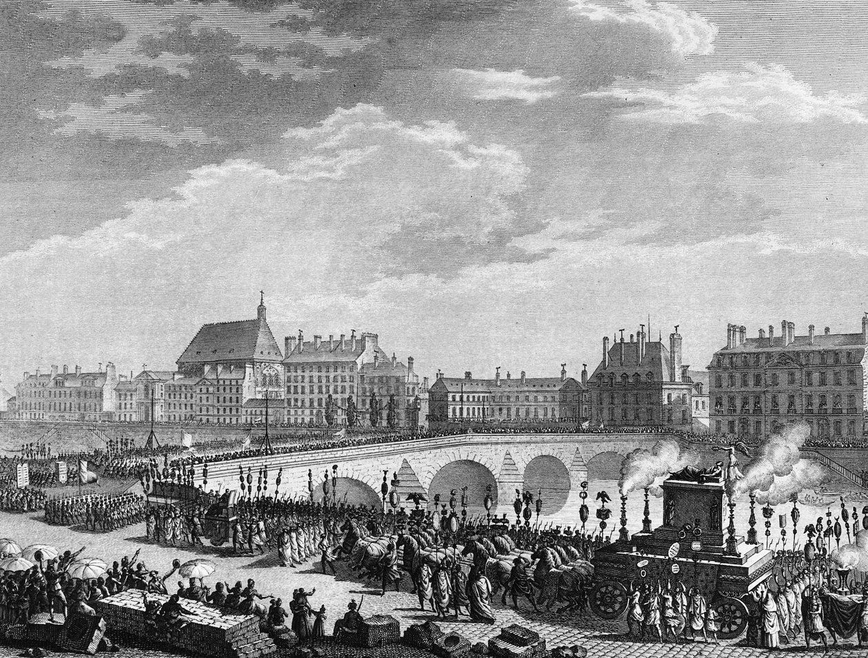 Francouzská revoluce: Triumf Francoise Marie Arouet dit Voltaire (1694-1778) 11. července 1791 (nádrž funebre na pozůstatky Voltaira má průchod na Královském mostě). Rytina Berthaut po Prior. Paříž, Knihovna Historického ústavu od Jean Louis II (after) Prieur