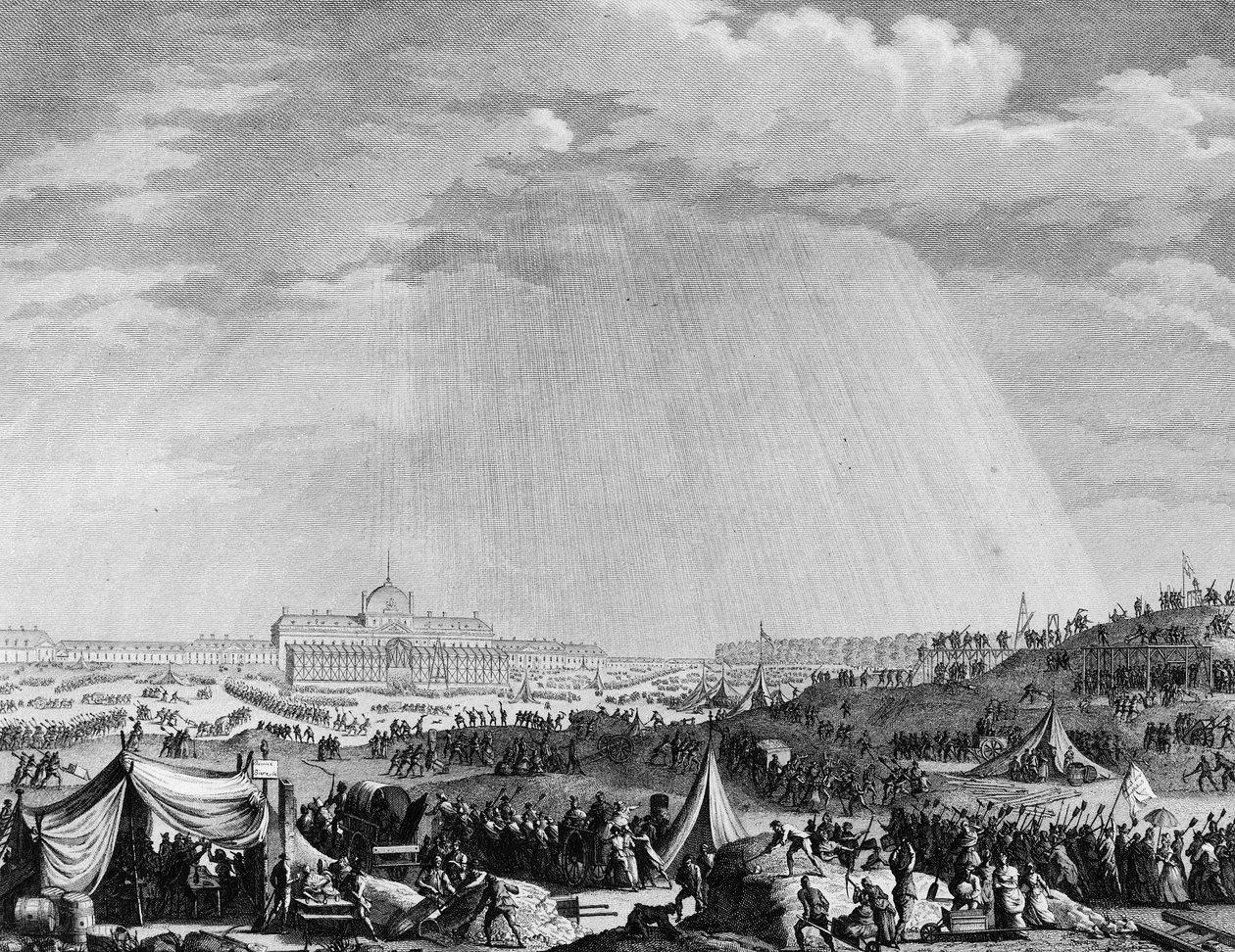 Francouzská revoluce: Díla na Champs de Mars v Paříži na svátek Federace 14. července od Jean Louis II (after) Prieur