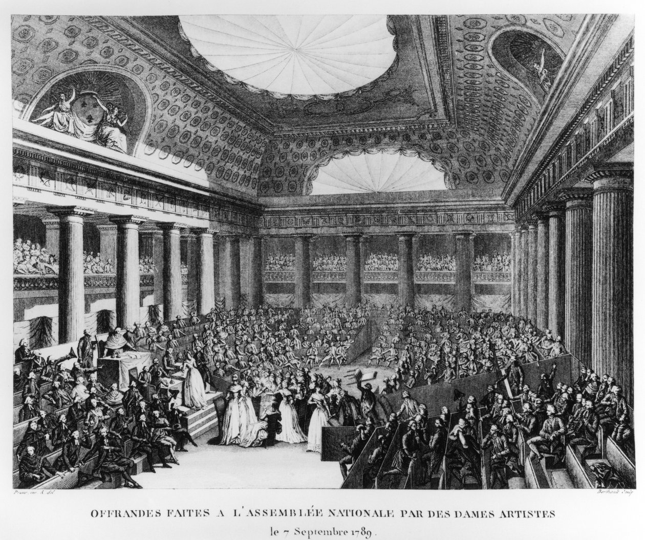 Nabídky pro Národní shromáždění v Salle des Menus-Plaisirs umělkyněmi, 7. září 1789, vyryté Pierrem Gabrielem Berthaultem (1737-1831) od Jean Louis Prieur