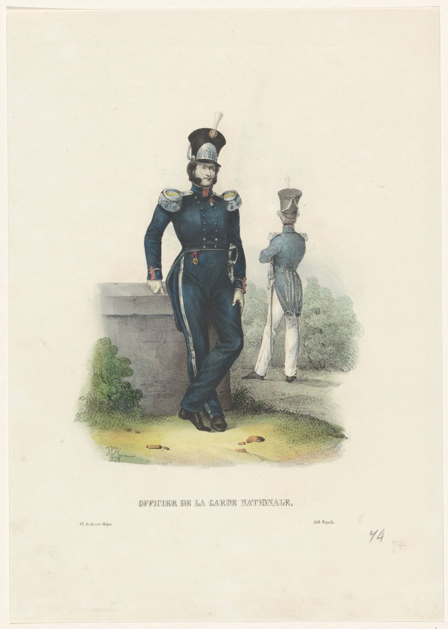 Důstojník Národní gardy, 1828 Důstojník národní gardy (titul na předmětu) Belgické kostýmy: starověké a moderní, vojenské, civilní a náboženské, 1830 (název série) od Jean Louis Van Hemelryck