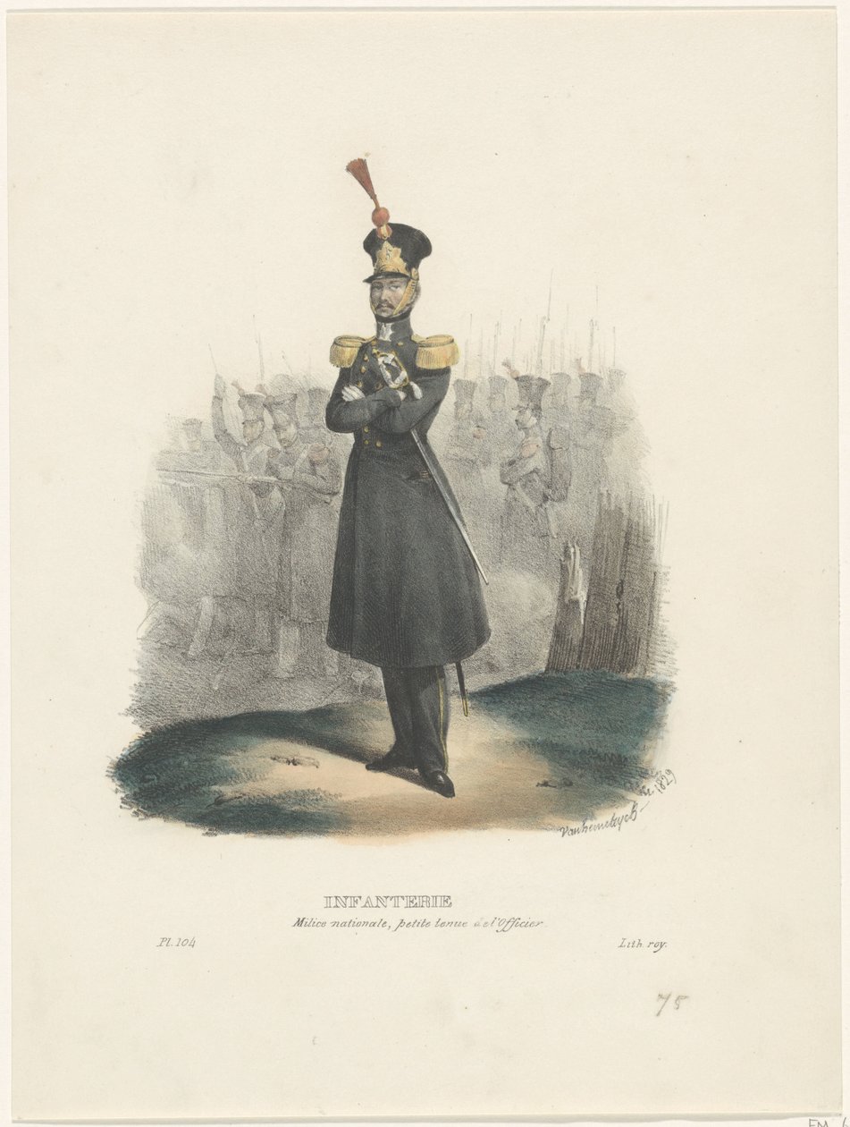 Důstojník národní milice, 1829 Pěchota / Národní milice, Důstojnické svlékání (titul na předmětu) Belgické kostýmy: starověké a moderní, vojenské, civilní a náboženské, 1830 (název série) od Jean Louis Van Hemelryck