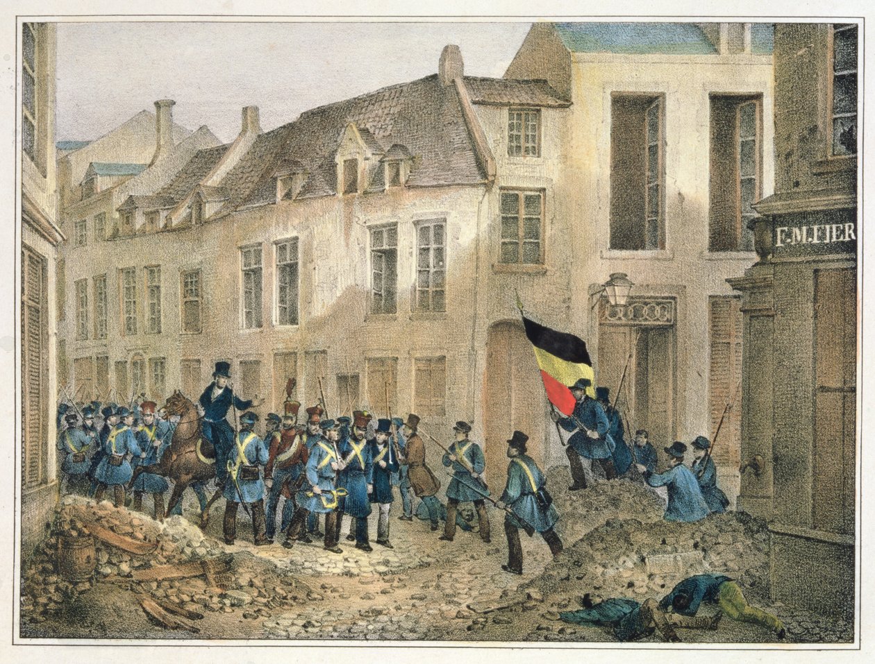 Rue de Louvain, Brusel, 23. září 1830, vyryl A.M. Jobard (fl. 1820-30) od Jean Louis Van Hemelryck