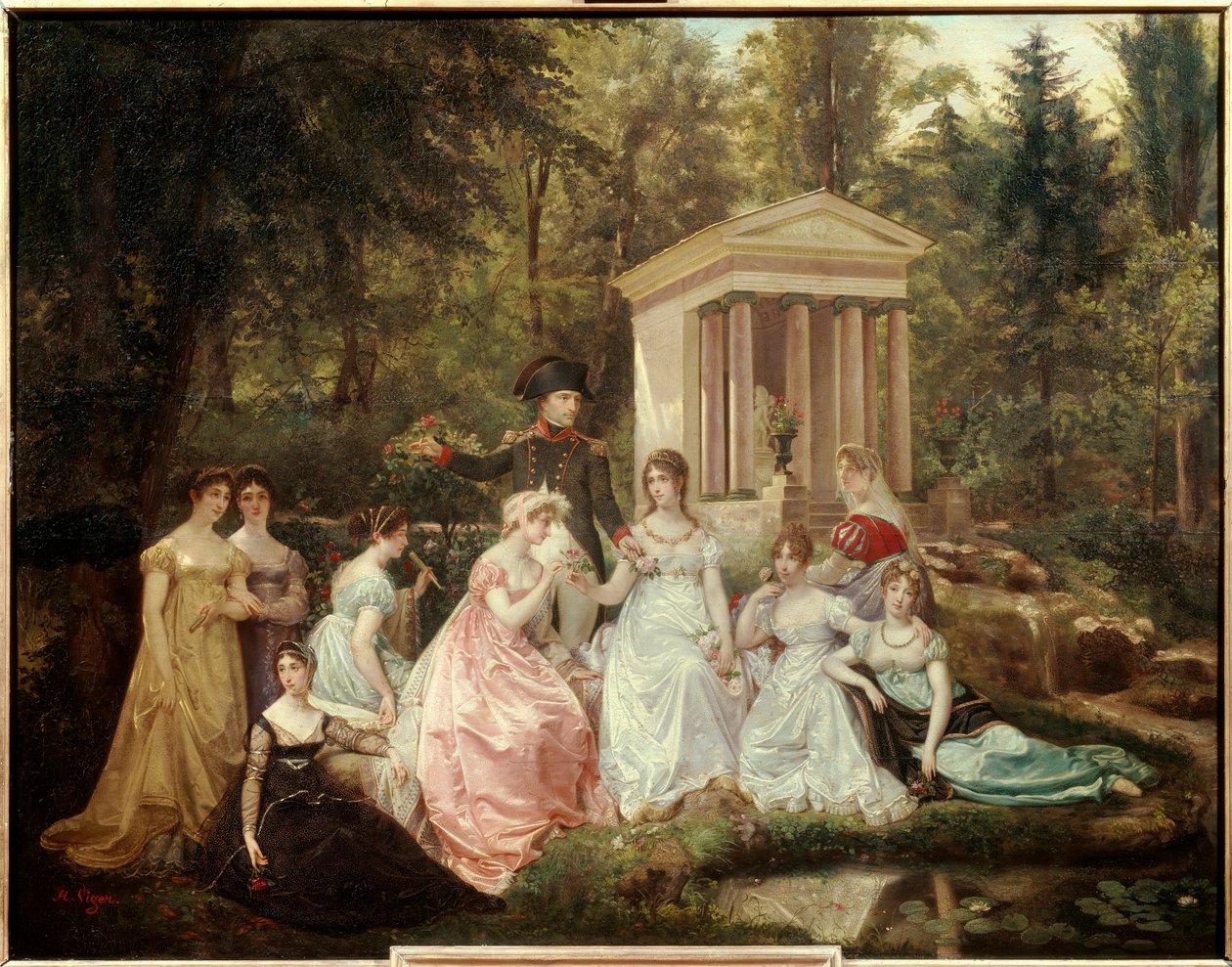 Růže z Malmaison: císařovna Josefína de Beauharnais a císař Napoleon Bonaparte a jeho čestné dámy Obraz Victora Viggera du Vigneau (1819-1879) Sun. 0,71x0,92 m Malmaison, hradní muzeum od Jean Louis Victor Viger du Vigneau