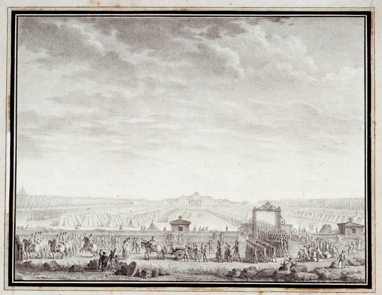 Francouzská revoluce: “” Les troupes du Champ-de-Mars odjíždějící na Place Louis XV: 12. července 1789”” Kresba tuší a lazurou Jean-Louis Prieur (1759-1795) 18. století. Rozměr 0,17x0,23m. Paříž, muzeum Carnavalet od Jean Louis the Younger Prieur