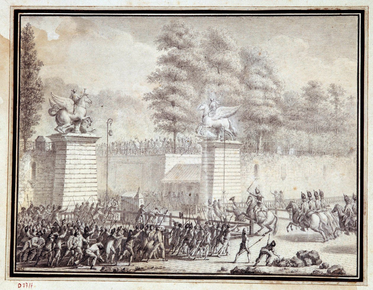 Francouzská revoluce: „“ Monsieur de Lambesc vstoupil do Tuileries s oddělením od královského německého pluku dne 12. července 1789““ Kresba tuší a lazurou Jean-Louis Prieur (1759-1795) od Jean Louis the Younger Prieur