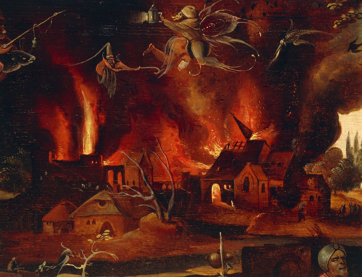 Pokušení sv. Antonína, detail města v plamenech a démonech, od Jana Mandyna (1500-1560). od Jean Mandyn