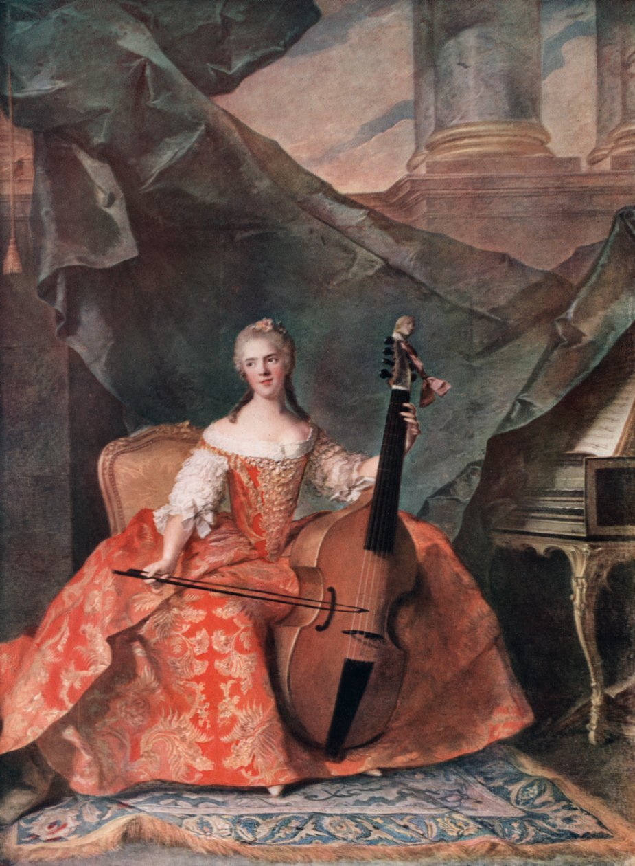 Madame Henriette de France ve dvorním kostýmu hrající na basovou violu, 1754. od Jean Marc Nattier