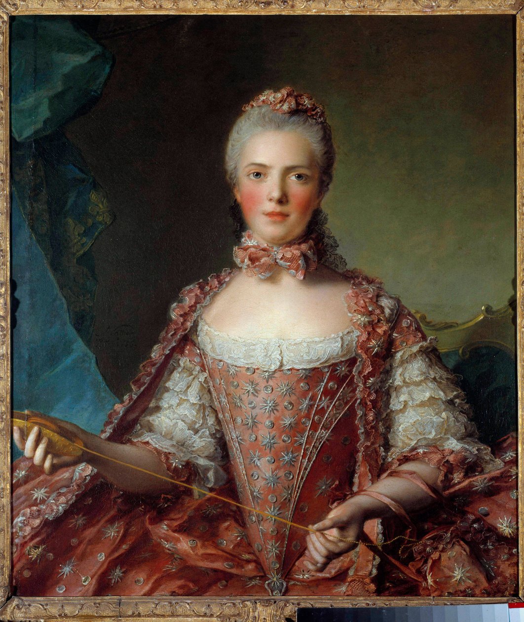 Portrét madame Adelaide z Francie (1732-1800) tvorba uzlů Malba Jean-Marca (Jean Marc) Nattier (1685-1766) 1756 Slunce 1,26x0,96 m - Portrét Madame Adelaide de France (1732-1800) vázání uzlů . Obraz Jean-Marc (Jean Marc) Nattier (1685-1766) od Jean Marc Nattier