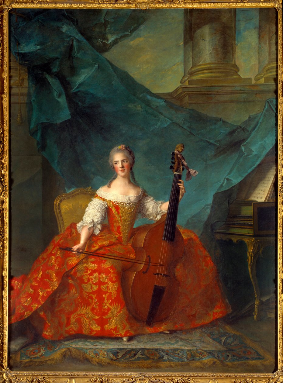 Portrét Madame Henriette de France (1727-1752), dcera Ludvíka XV., hrající na bas violy - Obraz Jeana Marca (Jean-Marc) Nattiera (1685-1766) od Jean Marc Nattier