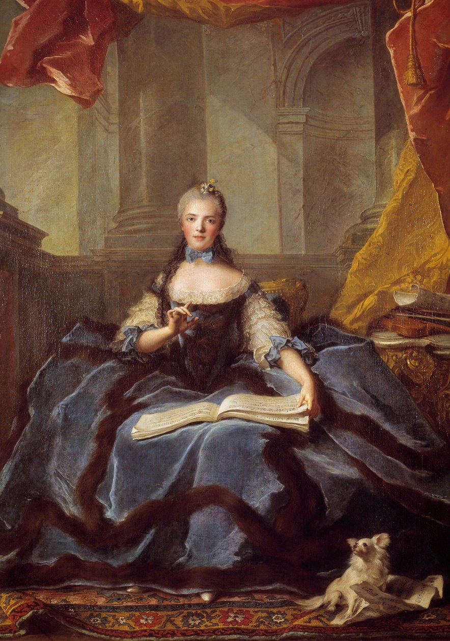 Portrét Marie Adelaide z Francie známé jako Madame Adelaide (1732-1799), dcery Ludvíka XV. Bien Aime a Marie Leszczynské zastoupené v roce 1758, ve dvorních šatech, držící knihu hudby Obraz Jeana Marca (Jean-Marca) Nattiera ( 1685-1766) 1758 od Jean Marc Nattier