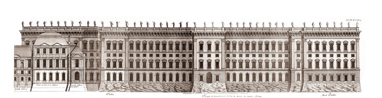 Louvre v Paříži, projekt Giana Lorenza Berniniho: pohled na hlavní průčelí směřující k Seině - Z „”Francoise Architecture”” od Jacquese-Francoise Blondela - průčelí hlavního průčelí Cote Seine - projekt Bernin - rytina Jean Marot od Jean Marot