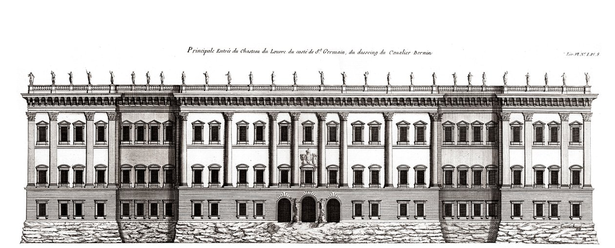 Louvre v Paříži, projekt Giana Lorenza Berniniho: nárys hlavního průčelí směrem k Saint-Germain l
