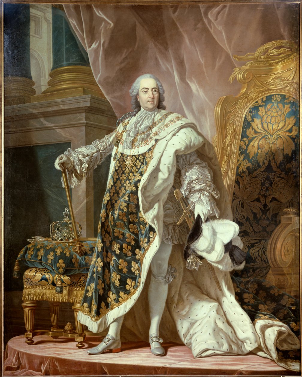 Portrét na nohou Ludvíka XV (1710-1774) v posvátném kostýmu, krále Francie. Obraz Jeana Martiala Fredoua (1710-1774) podle Louise Michela van Loa (1707-1771) 1761 Dim. 2,77x1,95 m - Celovečerní portrét Ludvíka XV. (1710-1774), krále Francie, v coronati od Jean Martial Frédou