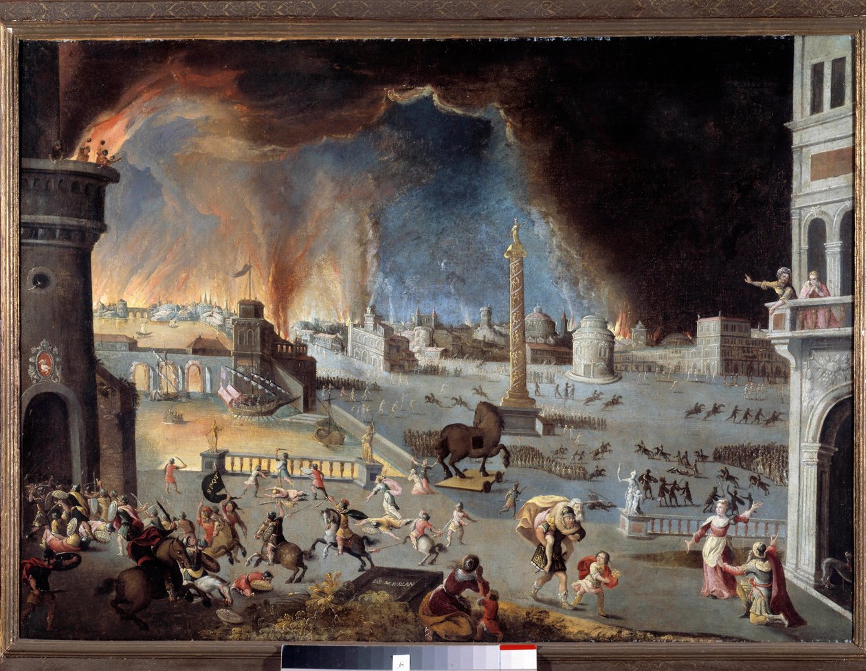 Zajetí Trojanu Scéna Trojské války, město je zdevastováno Řeky, kteří do města pronikli díky koni. Obraz Jeana Maublanca (1582-1628). 17. století. Besancon, musee des Beaux Arts - Pád Trojana - Scéna Trojana W od Jean Maublanc