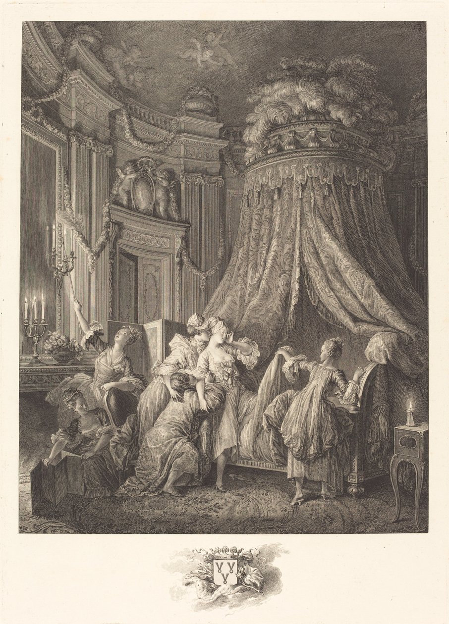 Postel nevěsty od Jean Michel Moreau and Jean Baptiste Blaise Simonet after Pierre Antoine Baudouin
