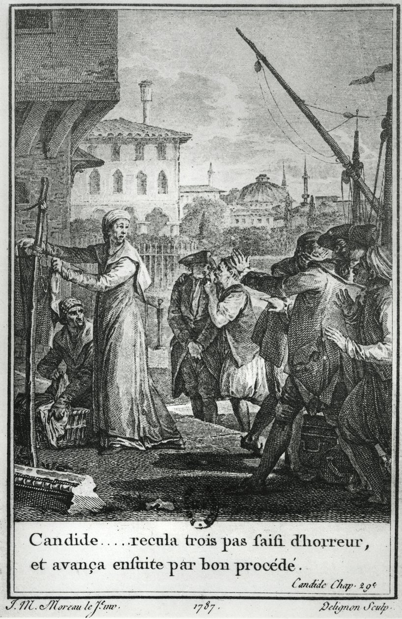 Candide ... zděšeně udělala tři kroky zpět a pak pokročila dobrým postupem, ilustrace z kapitoly 29 Candide od Francoise Voltaira (1694-1778) vyrytá Jeanem Louisem Delignonem (1755-1804) 1787 od Jean Michel the Younger Moreau