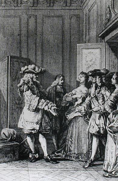 Ilustrace z LImpromptu de Versailles od Moliere (1622-73) vyryla D. Nee od Jean Michel the Younger Moreau