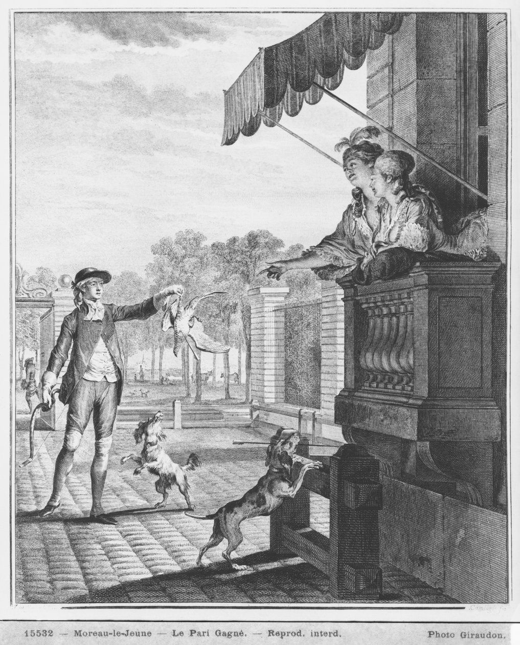 Přijetí sázky, vyryto Camligue (fl.1785) c.1777 (rytina) (černobílá fotografie) od Jean Michel the Younger Moreau