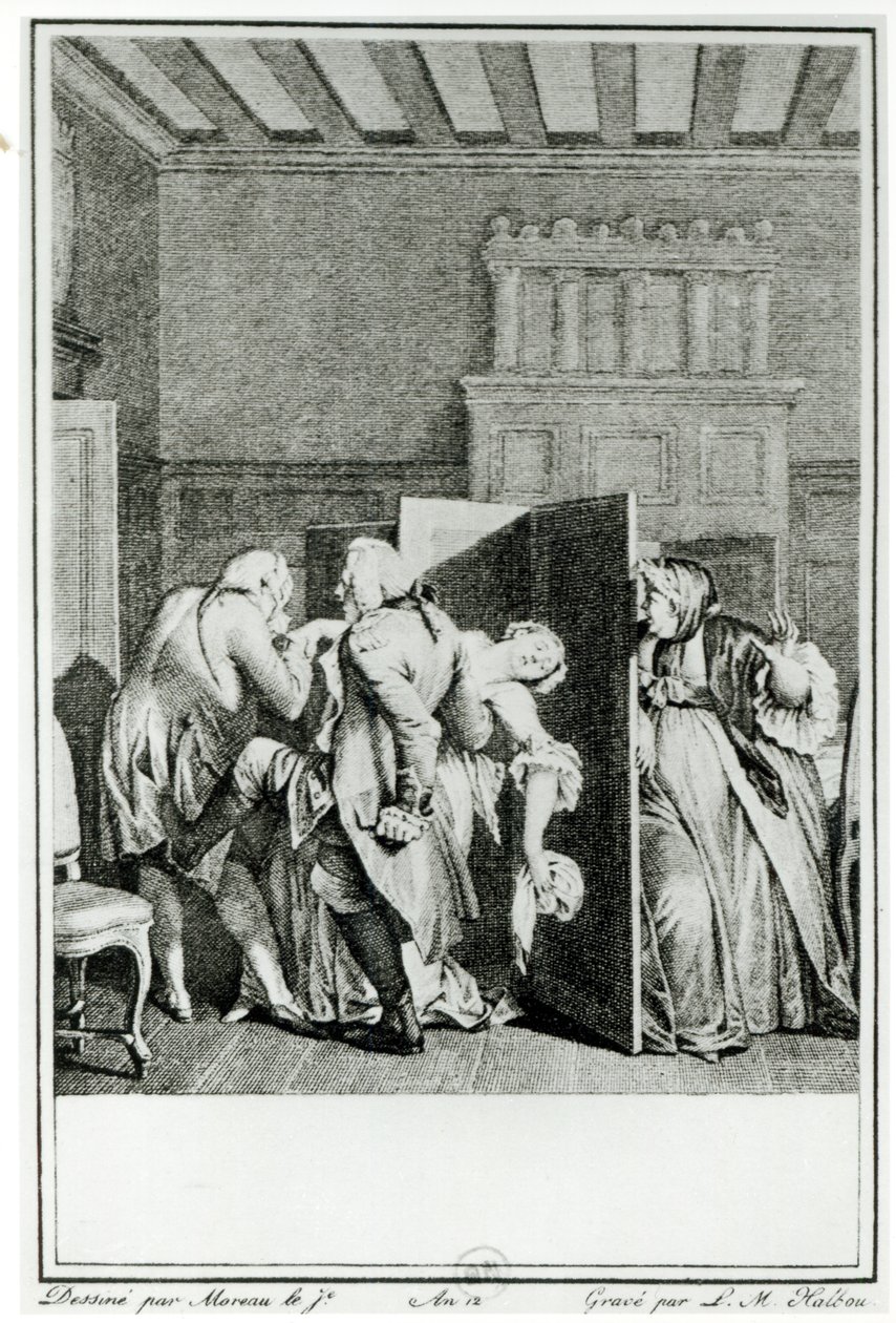 Baron... pozdravil Candide několika pozoruhodnými kopy do závěru a vyhnal ho ze dveří, ilustrace z kapitoly 1 Candide od Francoise Voltaira (1694-1778) vyryla Louis Michel Halbou ( od Jean Michel the Younger Moreau