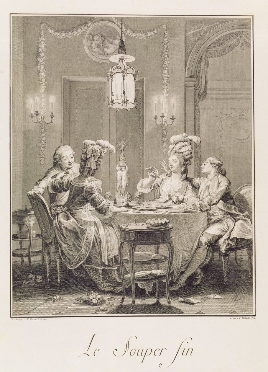Jemná večeře, 1781, rytina I.S. Helman (1743-1809) od Jean Michel the Younger Moreau