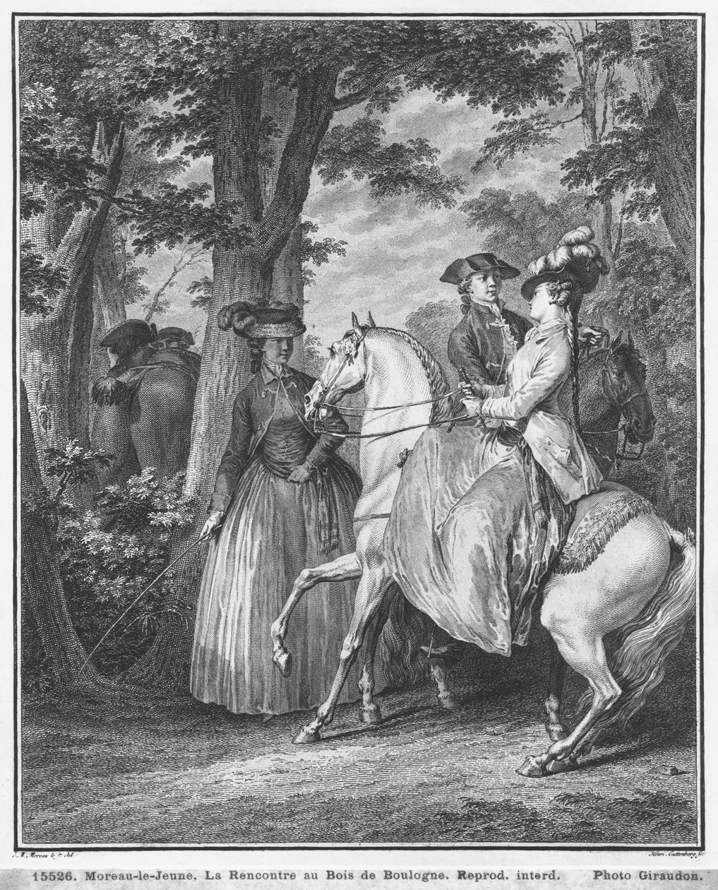 Setkání v Bois de Boulogne, vyryto Heinrichem Guttenbergem (1749-1818) kolem roku 1777 od Jean Michel the Younger Moreau