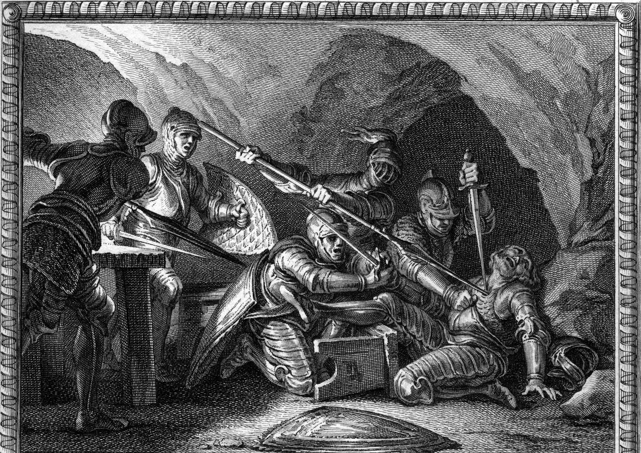 Assassination of Waifre (nebo Gaifier), vévoda z Akvitánie (767 nebo 768). Rytina od Romaneta podle Moreau le jeune (1779). od Jean Michel the Younger (after) Moreau