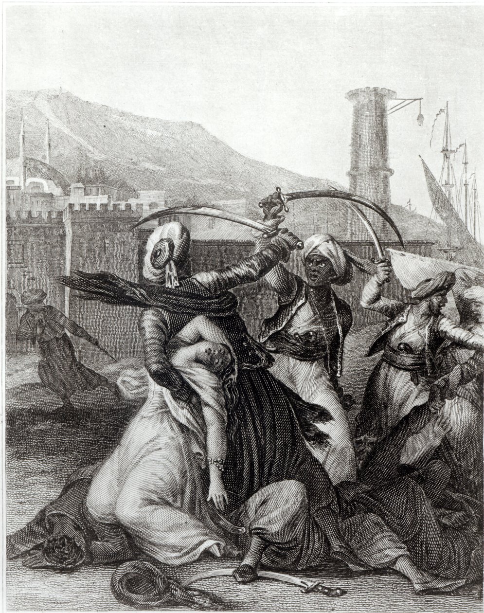 „Můj kapitán mě držel schovaného za sebou a svou tasenou šavlí posekal každého, kdo mu odporoval“, ilustrace z 11. kapitoly „Candide“ od Francoise Voltaira (1694-1778) (rytina) (černobílá fotografie) od Jean Michel the Younger (after) Moreau