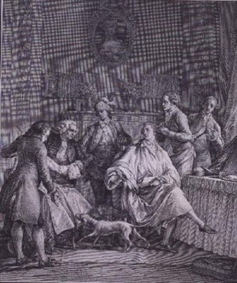 Pánská šatna, rytina P.A. Martiniho (1739-97) od Jean Michel the Younger (after) Moreau