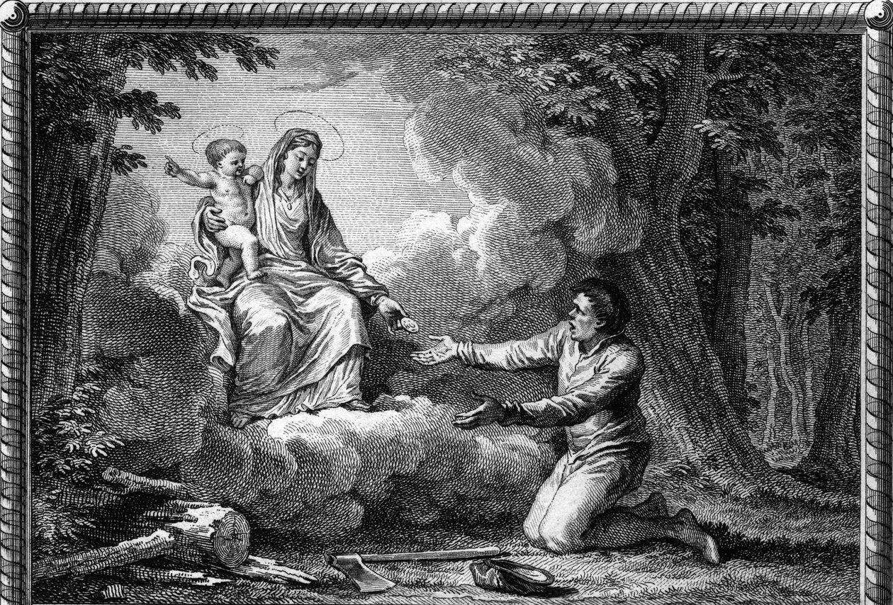 Treve of the Lord za Jindřicha I. v roce 1004: Panna zjevující se u Timberman, poblíž Puy-en-Velay (Puy en Velay, Haute Loire), jí dává medaili a přikazuje jí pracovat pro mír: toto je výchozí bod z Treve de Dieu zřízené v roce 1044. Rytina od Jean Michel the Younger (after) Moreau