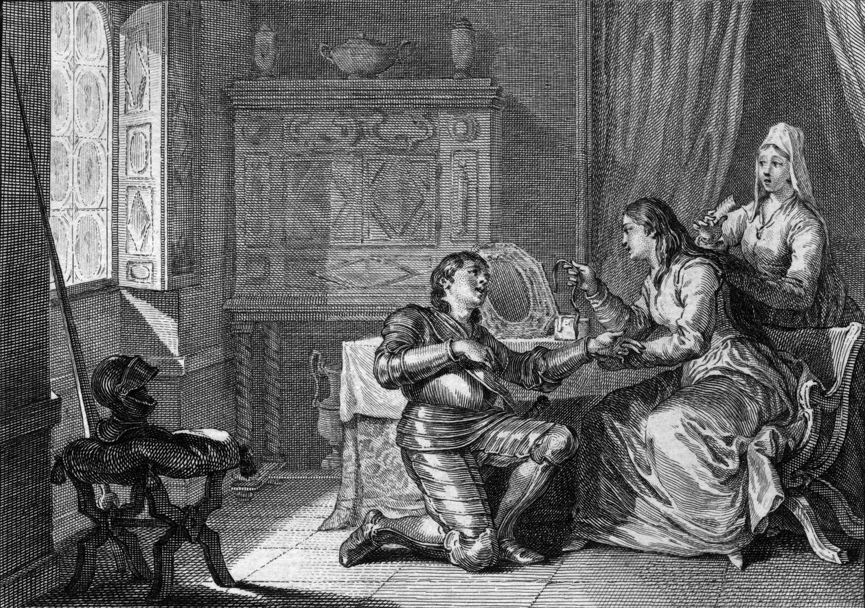 Žena nabízí rytíři látkový náramek ze svých vlasů jako slib lásky. 10.-11. století. Rytina Jean Michel Moreau, dit Moreau le Jeune (1741-1814) od Jean Michel the Younger Moreau