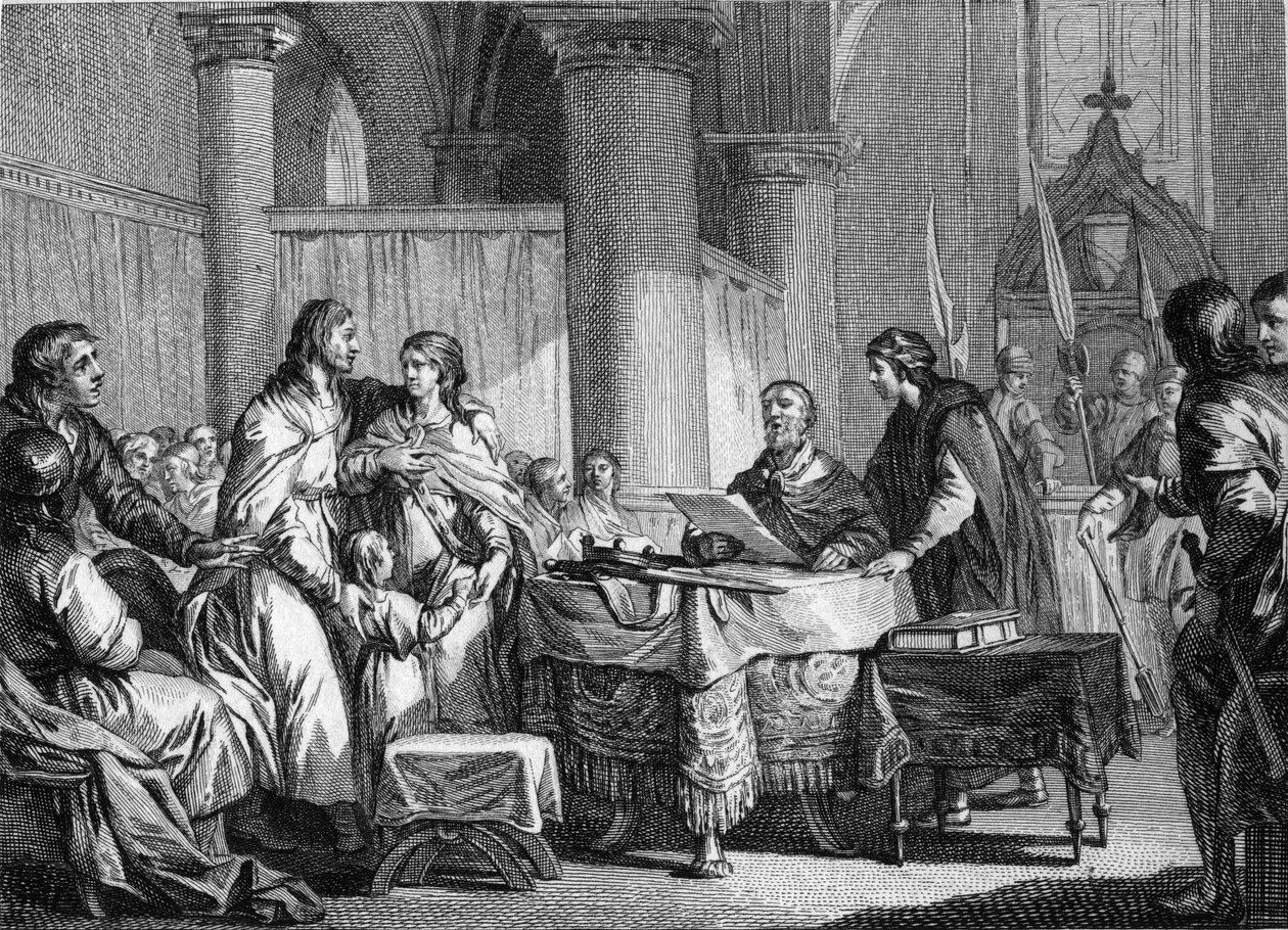 Abdikace Carlomana (asi 715-754), starosty paláce Austrasie, ve prospěch jeho bratra, Pepina III. dit Pepin le Brief (714-768), 747. Rytina Jean Michel Moreau, dit Moreau le Jeune ( 1741-1814) od Jean Michel the Younger Moreau