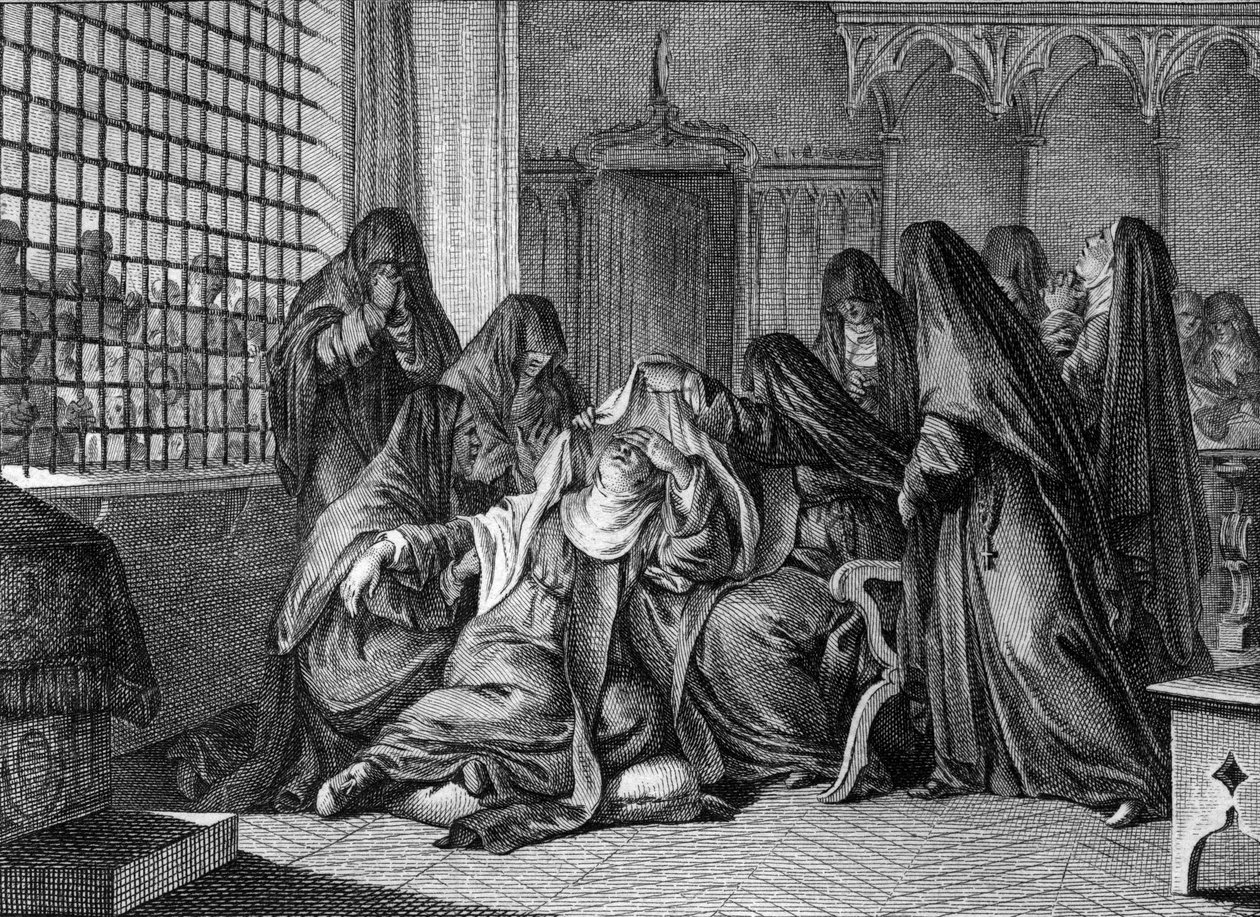 Abelard a Heloise: Heloise (1101-1164) přebírající závoj v opatství žen Argenteuil. Rytina Jean Michel Moreau, dit Moreau le Jeune (1741-1814) od Jean Michel the Younger Moreau