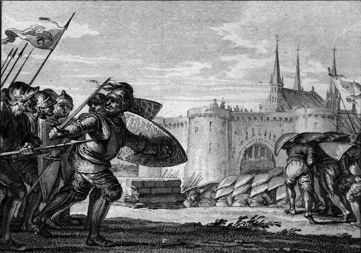 Vikingská armáda útočící na Saint Germain des Pres (Saint-Germain-des-Pres) a jeho opatství. 9. století (vláda Karla II. Lysého). Rytina Jean Michel Moreau, známý jako Moreau mladší (1741-1814) od Jean Michel the Younger Moreau