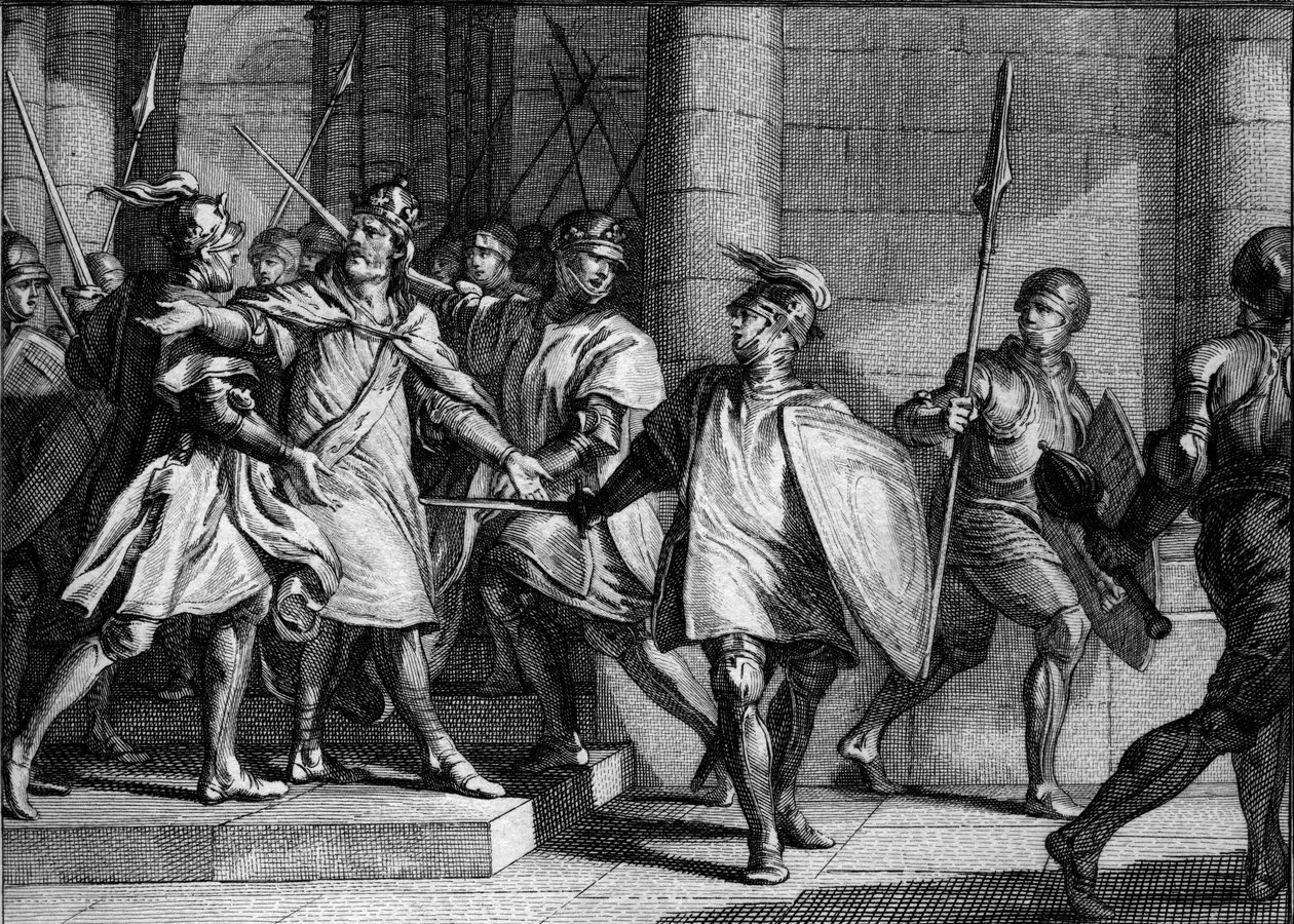 Zatčení Ludvíka 1. Zbožného neboli Debonnaire (778-840), 830: jeho tři synové (Lothaire, Pepin a Louis) se staví proti jeho rozhodnutí zahrnout do svého nástupnictví jeho posledního syna, budoucího Karla Plešatého. Rytina Jean Michel Moreau, dit Moreau le od Jean Michel the Younger Moreau