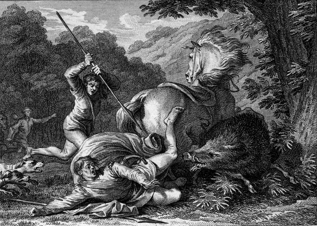 Carloman II zemřel (867-884) při lovu v roce 884. Sluha, který chtěl pomoci králi při útoku divočáka, mu omylem strčil svého špeha do stehna. Rytina Jean Michel Moreau, dit Moreau le Jeune (1741-1814) od Jean Michel the Younger Moreau
