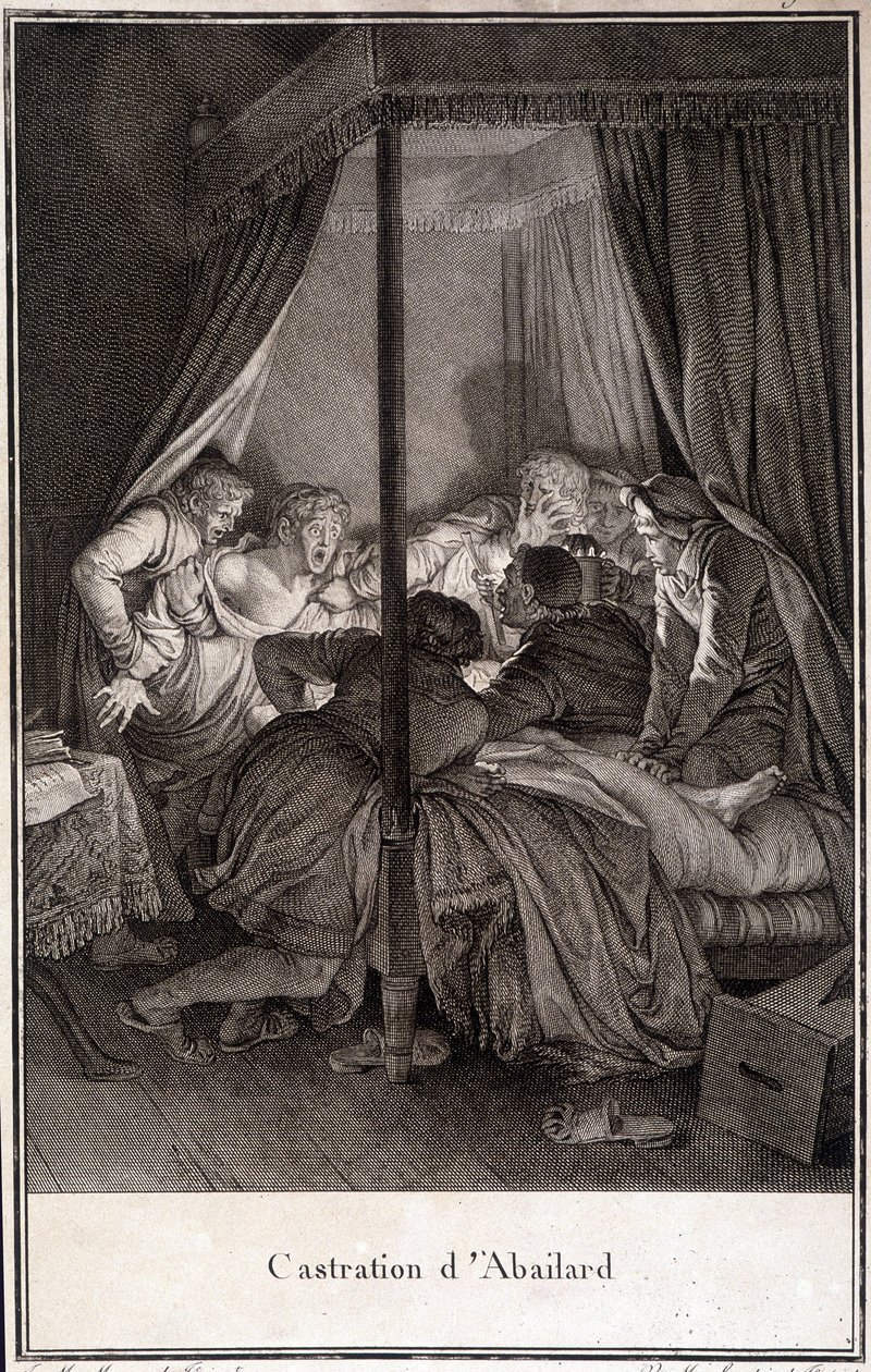 Kastrace Pierra Abélarda nebo Pierra Abailarda Francouzský filozof a teolog (1079 až 1142). rytina Moreau. od Jean Michel the Younger Moreau