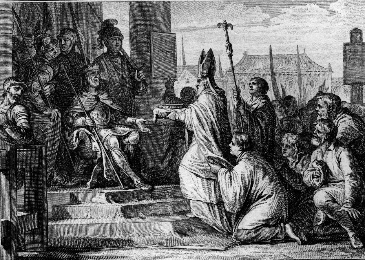 Karel Veliký (747-814), král Franků, přebírající železnou korunu z Lombardie z rukou milánské eveque, 774. Rytina Jean Michel Moreau, dit Moreau le Jeune (1741-1814) od Jean Michel the Younger Moreau