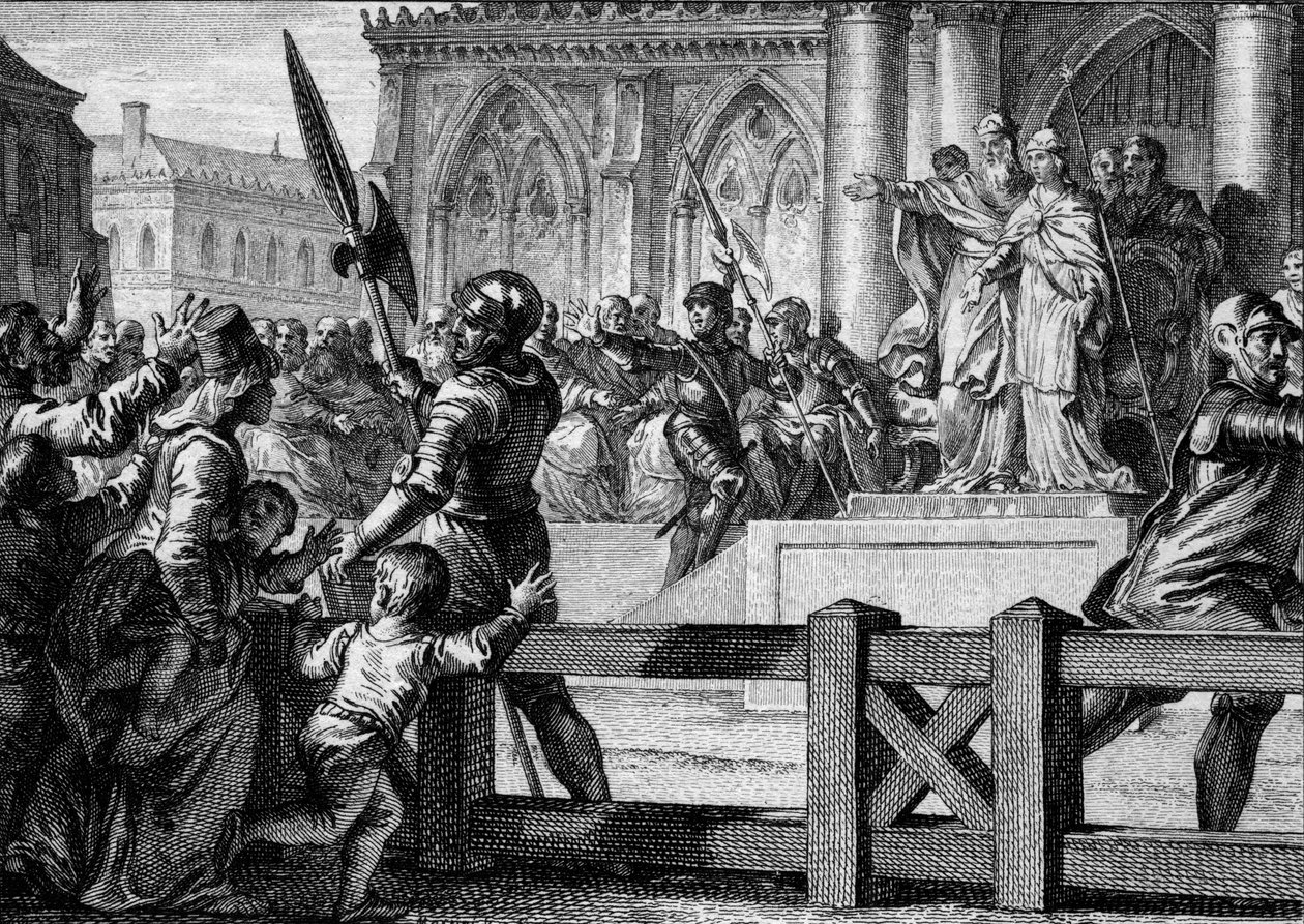 Karel Veliký (747-814) představuje lidu svého nástupce, svého syna Ludvíka Akvitánského (Louis I. Pobožný neboli Debonnaire, 778-840). Aix la Chapelle, 813. Rytina Jean Michel Moreau, dit Moreau le Jeune (1741- 1814) od Jean Michel the Younger Moreau