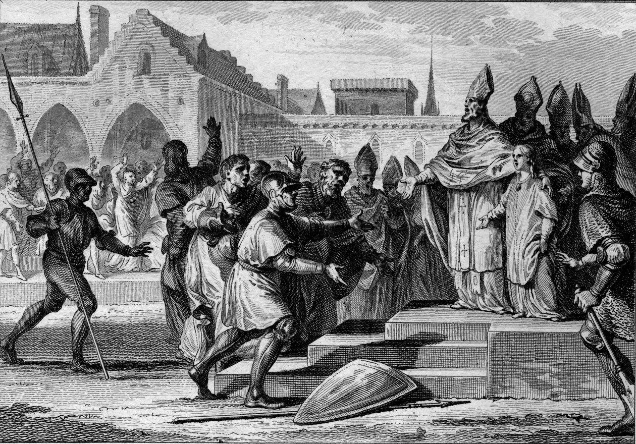 Karel III. Prostý (879-929) je přestavěn na francouzský trůn Foulquesem, Archeveque of Reims, 892. Rytina Jean Michel Moreau, dit Moreau le Jeune (1741-1814) od Jean Michel the Younger Moreau