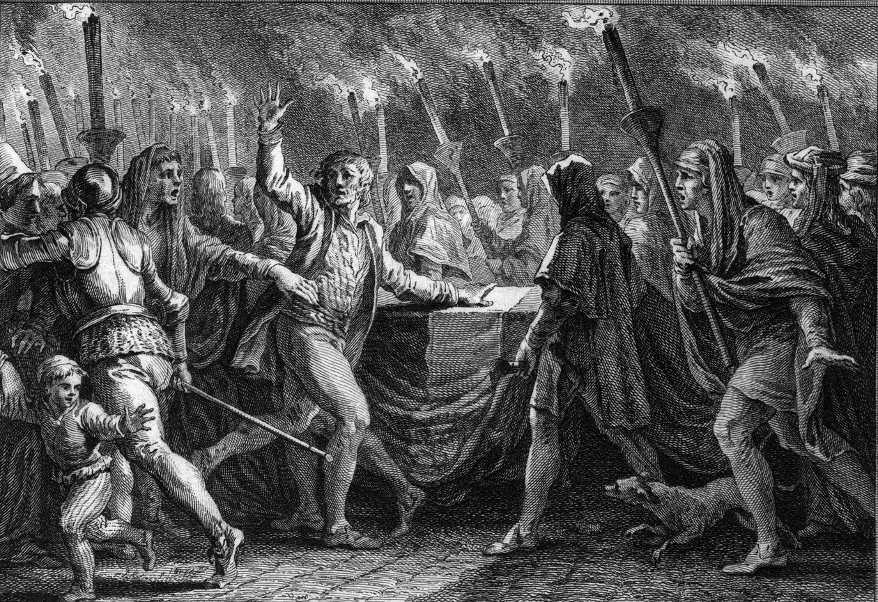 Clameur de haro na pohřbu Viléma Dobyvatele (1027-1087) v opatství Saint Etienne de Caen (Normandie) od Jean Michel the Younger Moreau