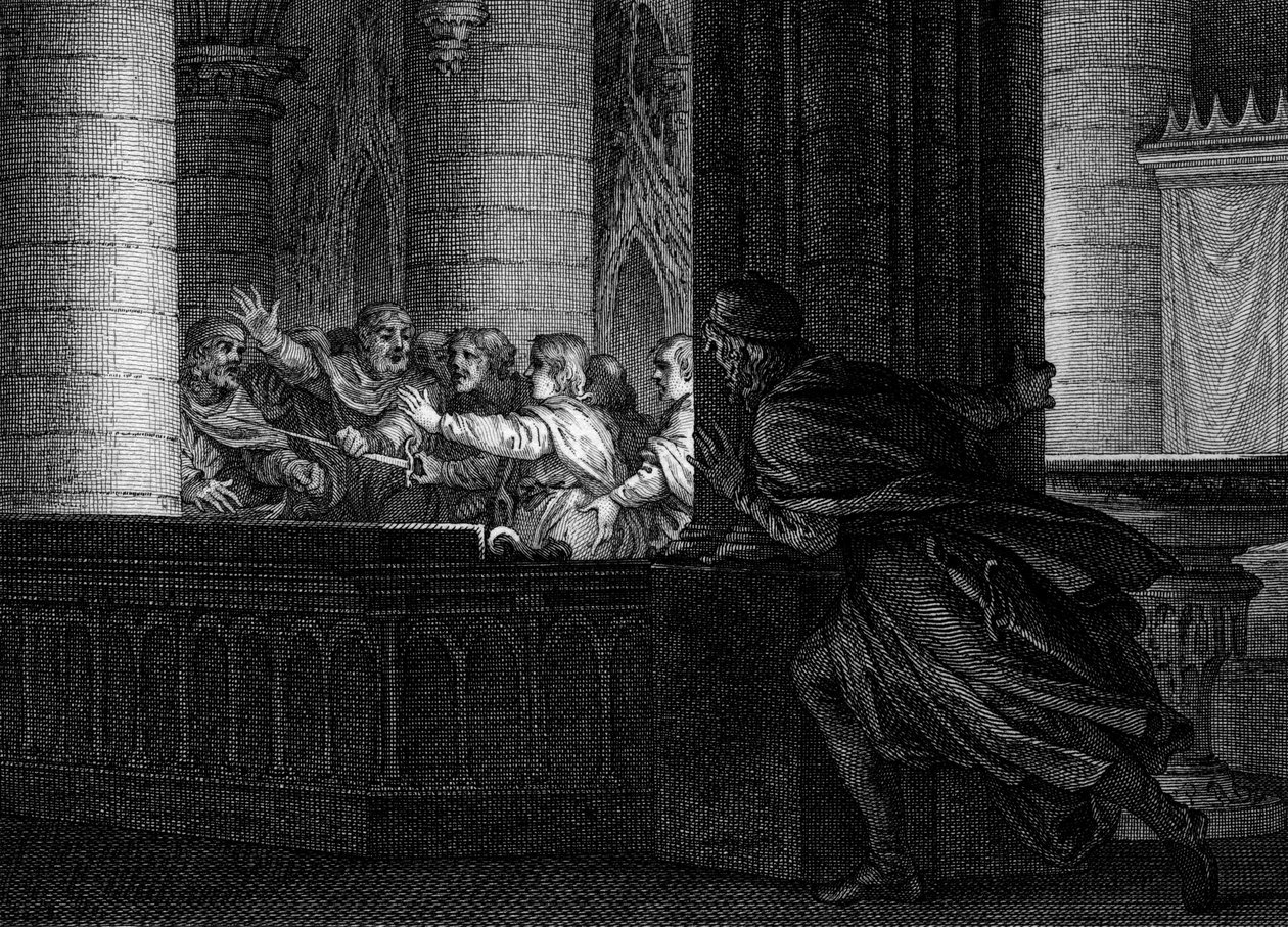 Spiknutí proti Karlu Velikému, 792: lord překvapí rozhovor mezi spiklenci plánujícími vraždu krále Franků. Mezi nimi Pepin the Bossu (769-811), syn Karla Velikého. Rytina Jean Michel Moreau, dit Moreau le Jeune (1741 od Jean Michel the Younger Moreau