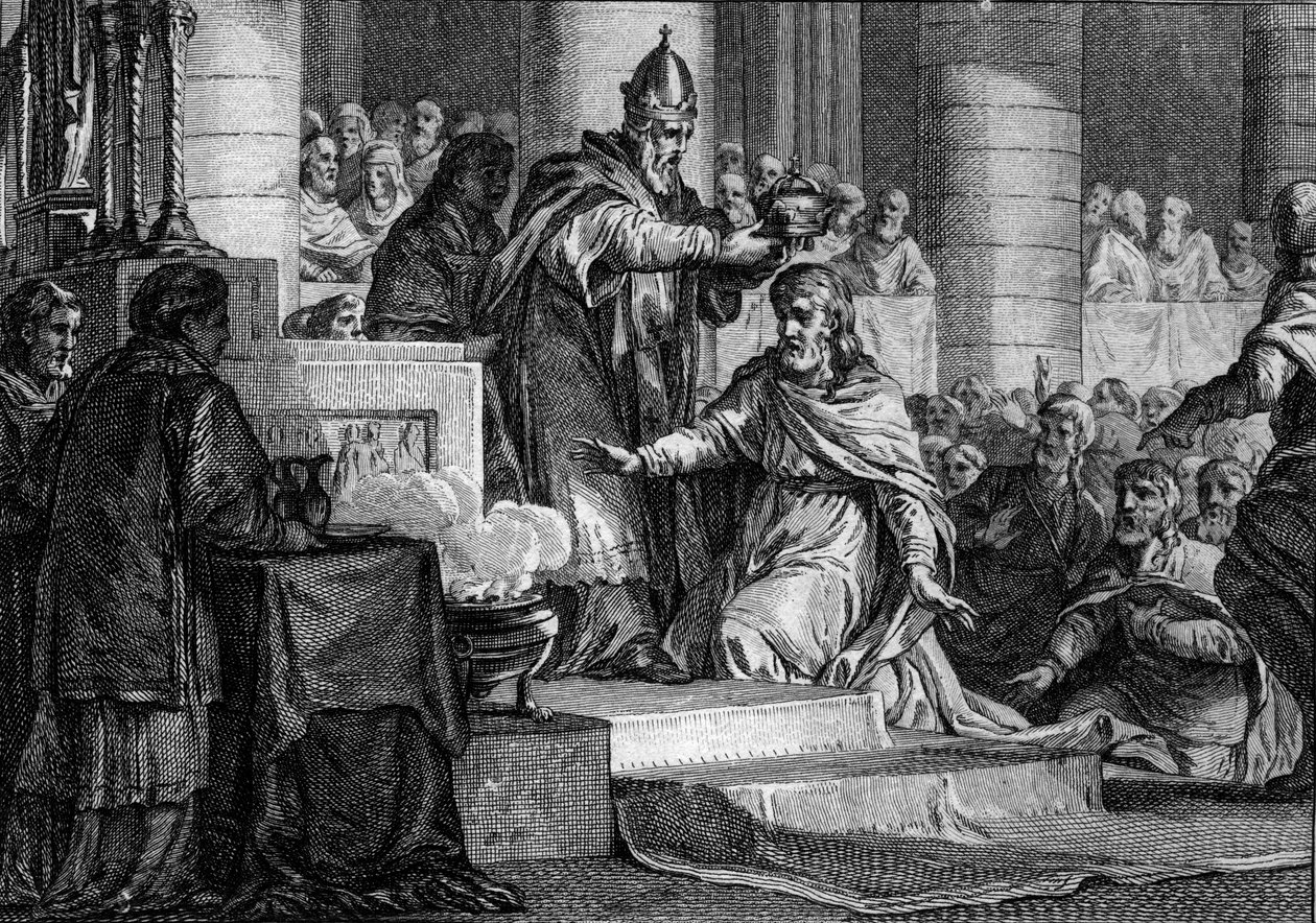 Korunovace Karla Velikého, 25. prosince 800: Král franků (747-814) je vysvěcen na císaře Západu papežem Leonem III. (750-816) v kostele svatého Petra v Římě. Rytina Jean Michel Moreau, dit Moreau le Jeune (1741-1814) od Jean Michel the Younger Moreau