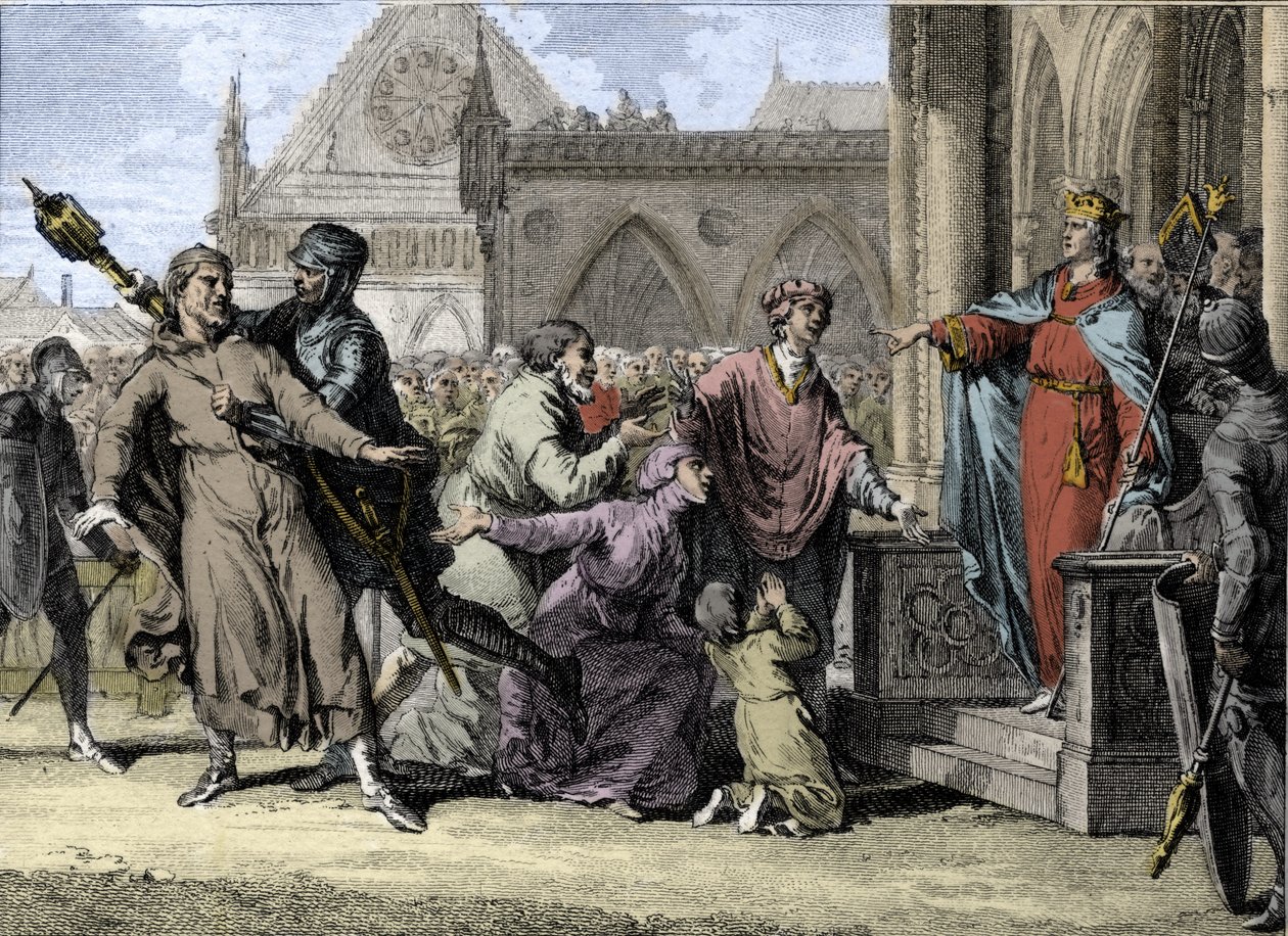 Dagobert 1. (602/605-638), král Franků, se snaží prosadit královskou autoritu v Burgundsku vyslechnutím stížností obyvatel na jejich pány. Rytina Jean Michel Moreau, dit Moreau le Jeune (1741-1814) od Jean Michel the Younger Moreau