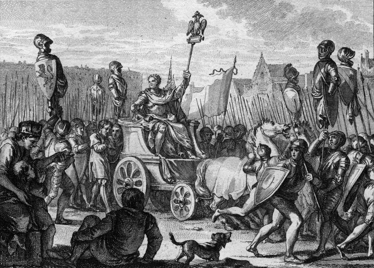 Defile od Filipa II. Augusta (1165-1223) v ulicích Paříže, po vítězství francouzské armády proti Vlámům a Welfům z Othonu IV v bitvě u Bouvines od Jean Michel the Younger Moreau